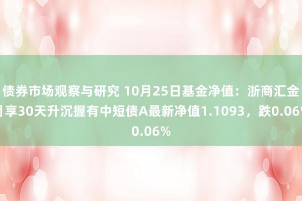 债券市场观察与研究 10月25日基金净值：浙商汇金月享30天升沉握有中短债A最新净值1.1093，跌0.06%