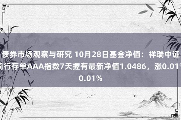 债券市场观察与研究 10月28日基金净值：祥瑞中证同行存单AAA指数7天握有最新净值1.0486，涨0.01%