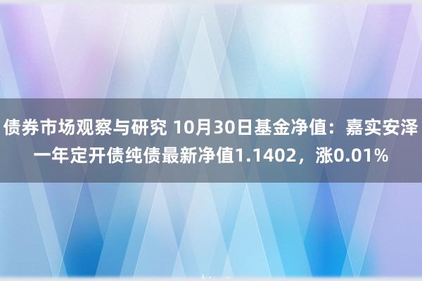 债券市场观察与研究 10月30日基金净值：嘉实安泽一年定开债纯债最新净值1.1402，涨0.01%