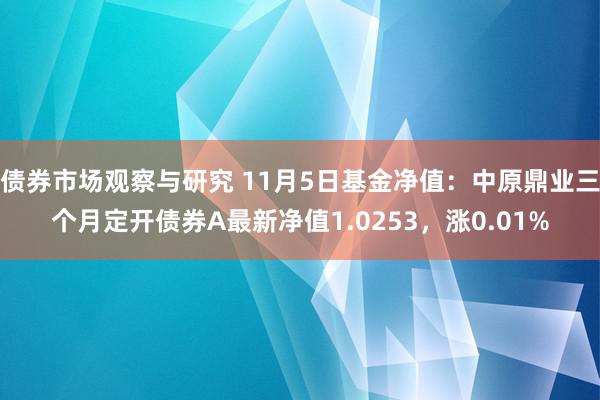 债券市场观察与研究 11月5日基金净值：中原鼎业三个月定开债券A最新净值1.0253，涨0.01%